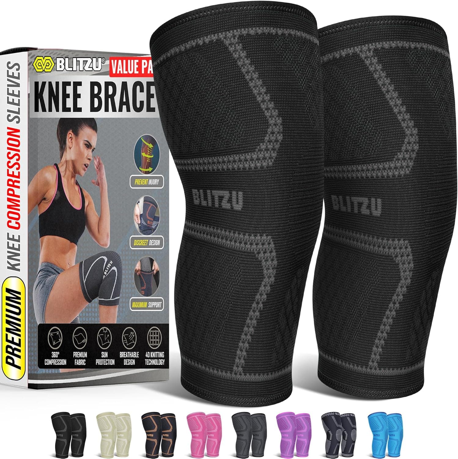 BLITZU Knee Brace for Meniscus Tear 2 Pack Knee Compression Sleeve for Arthritis ACL Pain Relief