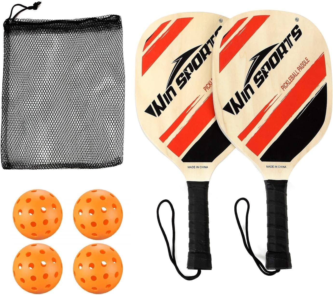 Win SPORTS Wooden Pickleball Paddles Set of 2 with 4 Balls and Carry Bag