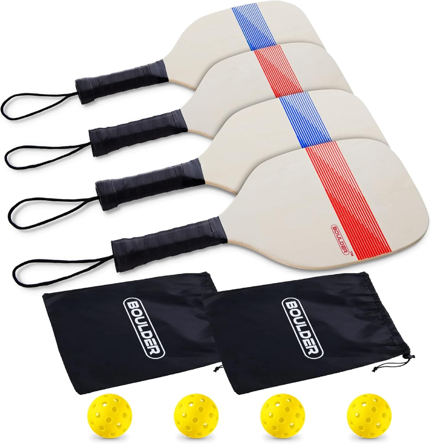 Boulder Wooden Pickleball Paddles Set of 4 with 4 Pickleballs and 2 Bags