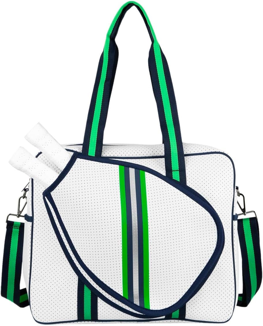 Queen of the Court Brooklyn Pickleball Bag with Fence Hook, Tote with Compartments (White Navy/Green)