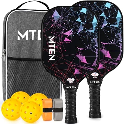 MTEN Pickleball Paddles Set of 2, USAPA Approved Fiberglass Set | Pickleball Racket with Carry Bag, 2 Grip Tapes & 4 Outdoor Balls for Men, Women