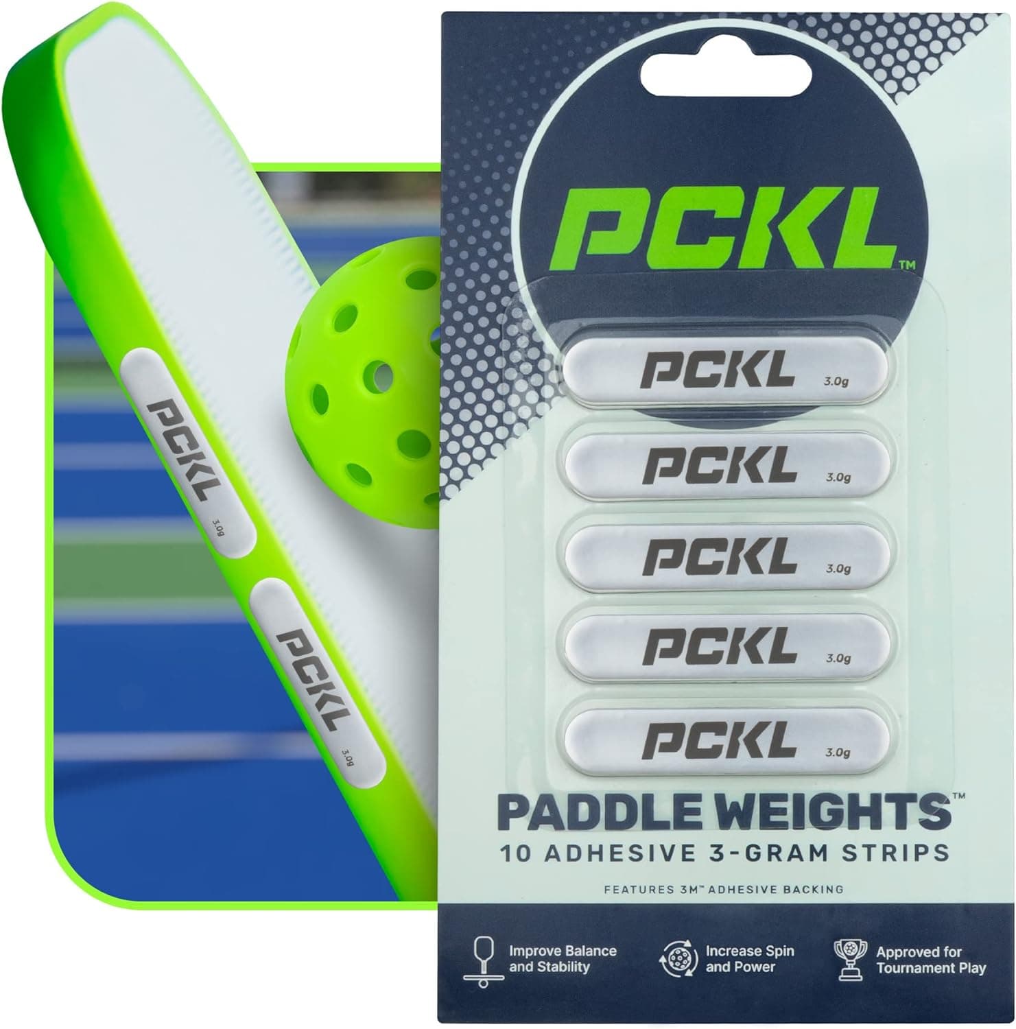 PCKL Pickleball Paddle Lead Tape Strip Weights, 10 Pre Cut 3g Strips for Improved Power, Spin, Sweet-Spot, and Head Weight