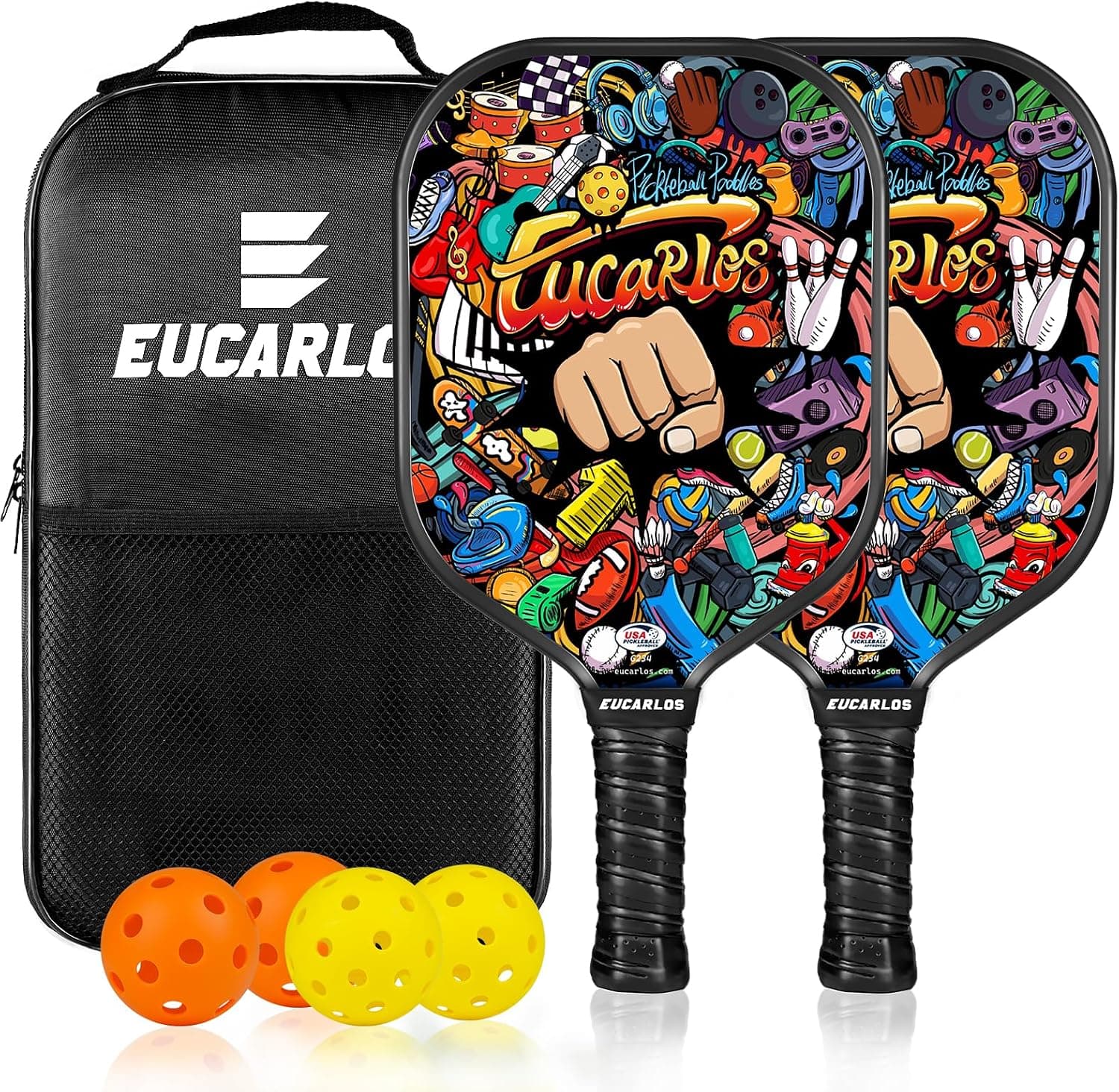 USAPA Approved Pickleball Paddles Set of 2 Fiberglass Surface, 4 Balls & Carry Bag, for Beginners & Pros