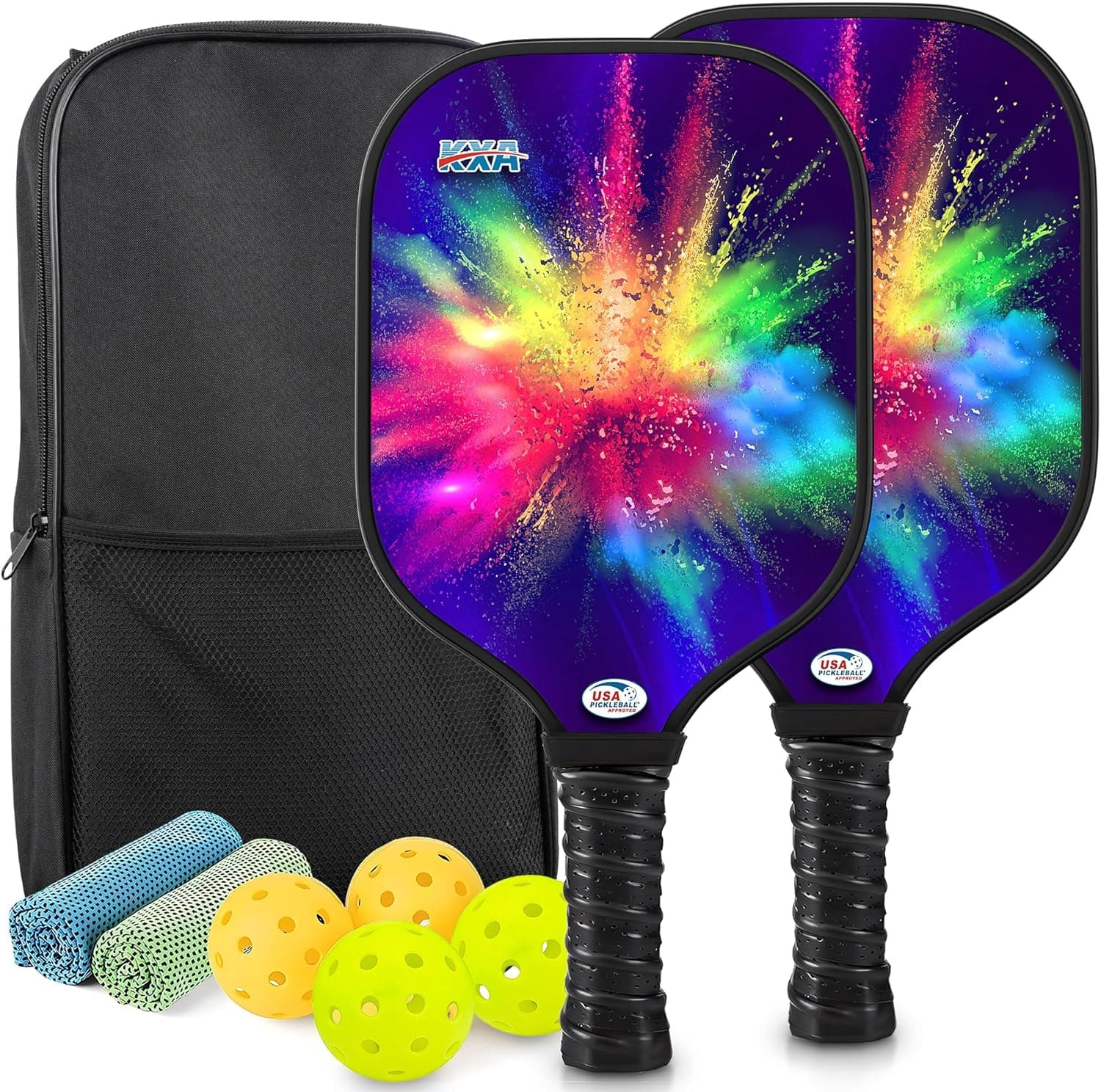 Pickleball Paddles Set of 2 USAPA Approved Fiberglass with 4 Balls, 2 Cooling Towels & Carry Bag