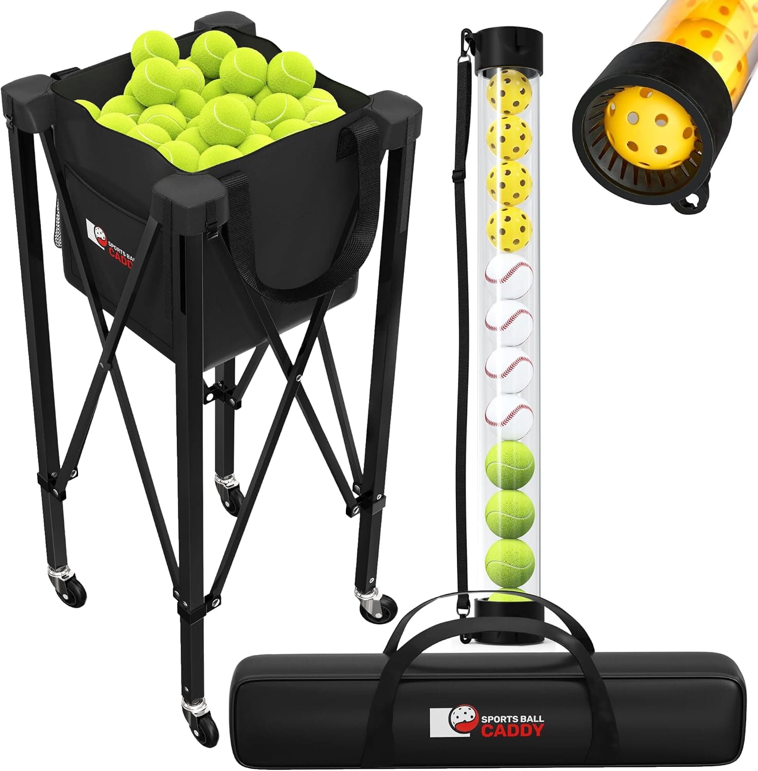 2-in-1 Tennis and Pickleball Hopper with Pickup Tube Caddy with Wheels