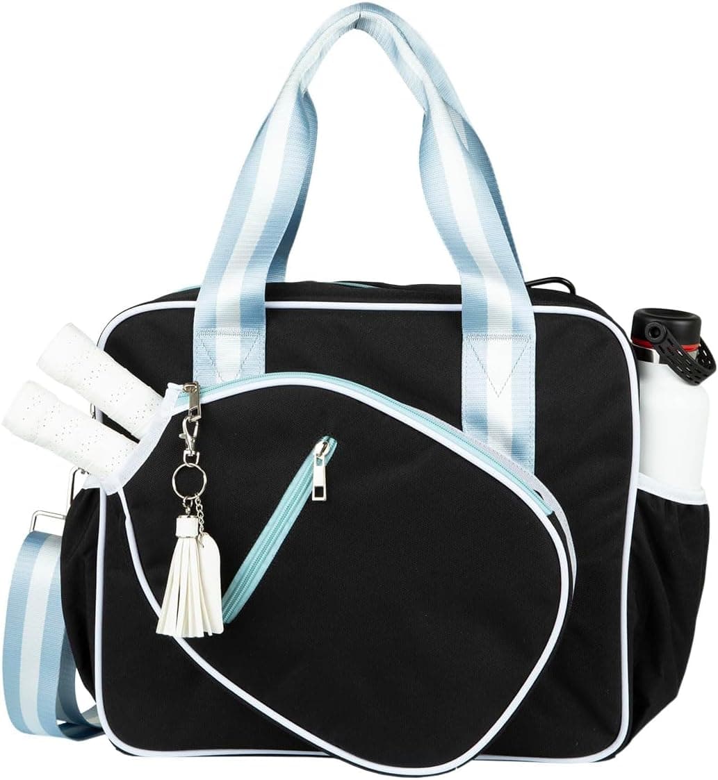 Queen of the Court Prepster Pickleball Bag for Women with Fence Hook, Tote with Compartments (Black)