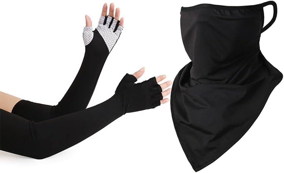 UV Protection Neck Gaiter Sun Arm Sleeves Set, Cooling Face Mask with Ear Loops UPF 50+ Men Women Summer Outdoor