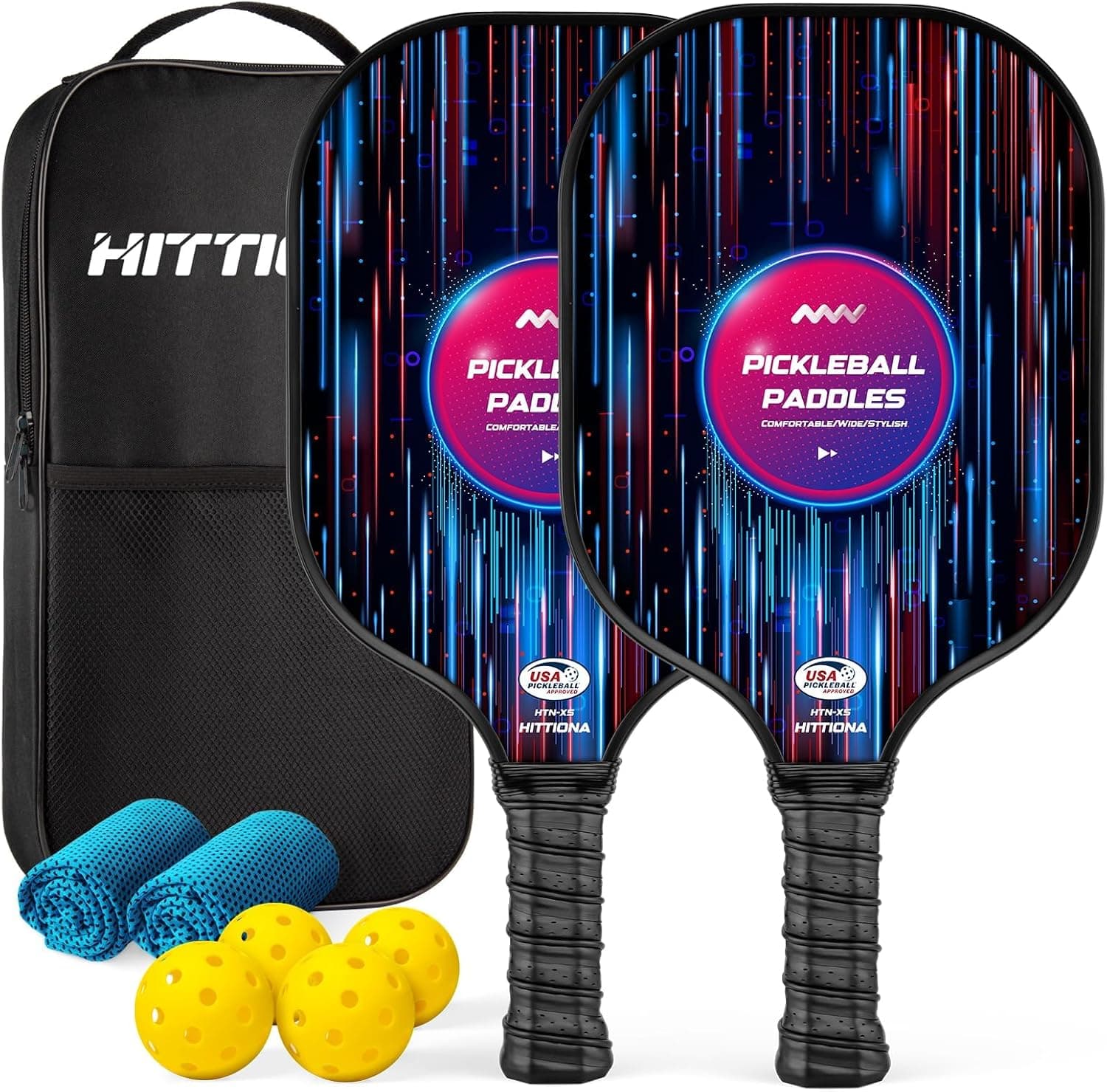 HITTIONA Pickleball Paddles Set of 2 Fiberglass USAPA Approved with 4 Balls and Net Bag
