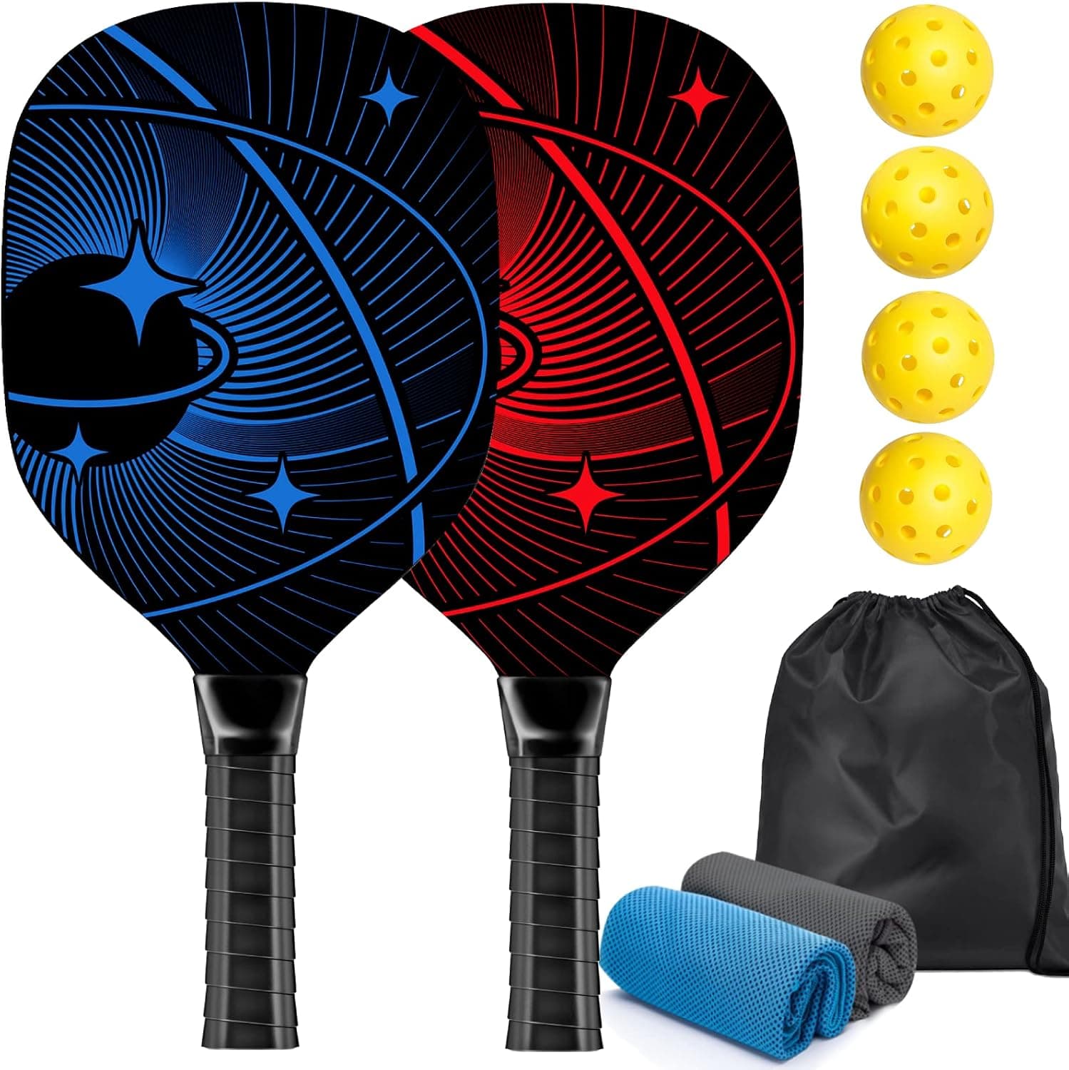Pickleball Set with 2 Premium Wood Paddles, 4 Balls, 2 Cooling Towels and Carry Bag
