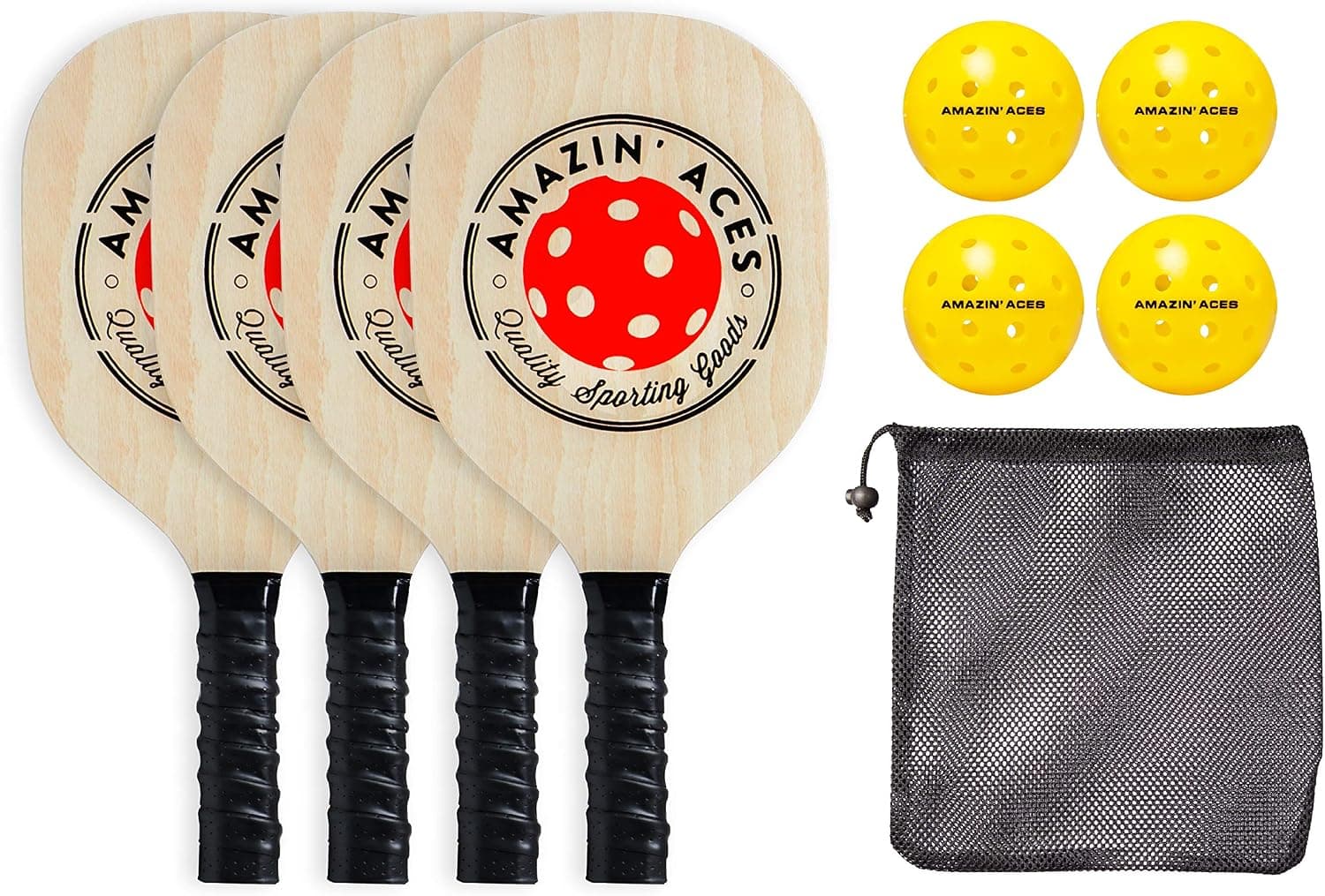 Amazin Aces Pickleball Wood Paddle Set of 2 with 4 Pickleballs and Mesh Carry Bag