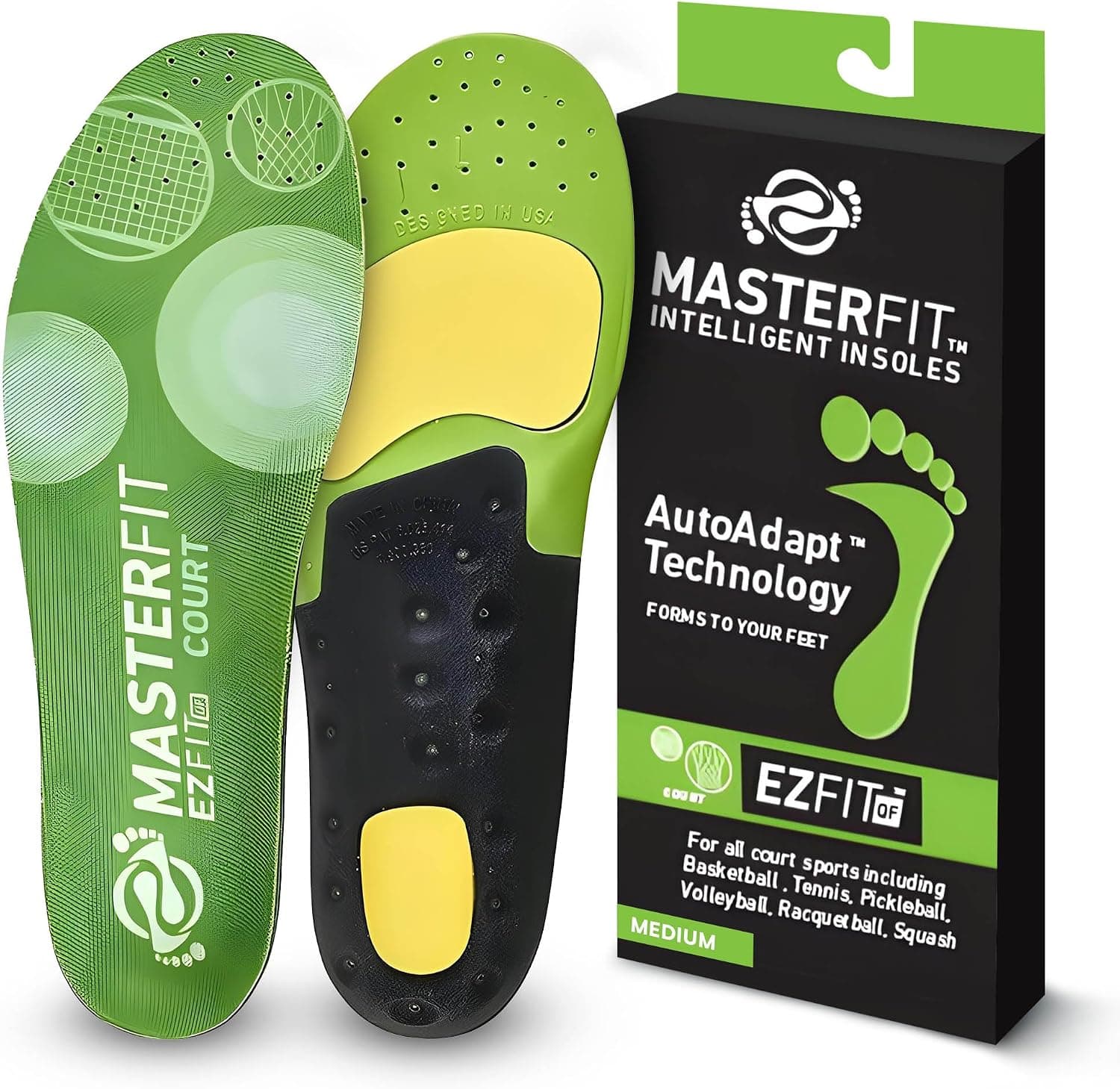 MASTERFIT Insoles for Court Sports with Arch Support & Memory Foam, Pickleball Shoe Inserts Shock Absorbing (Men & Women)