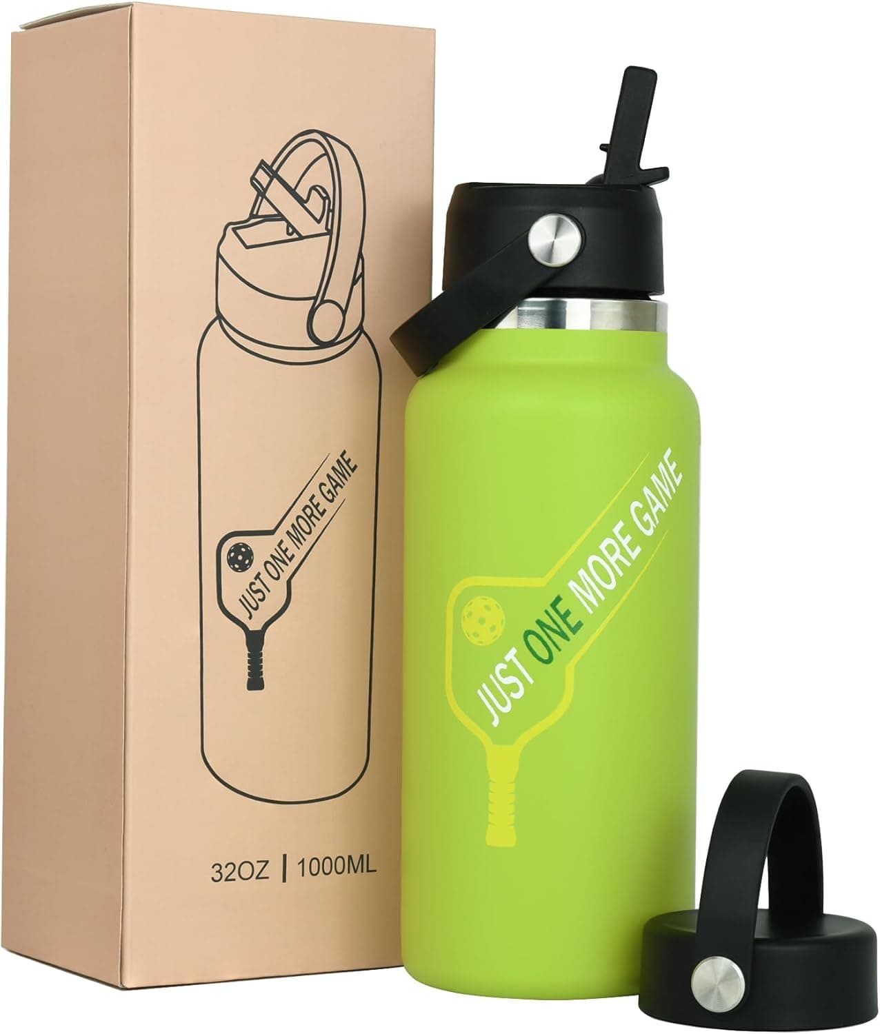 MINYJHZ Pickleball Water Bottle 32 oz Wide Mouth Vacuum Insulated with 2 Leakproof Lids and Straw