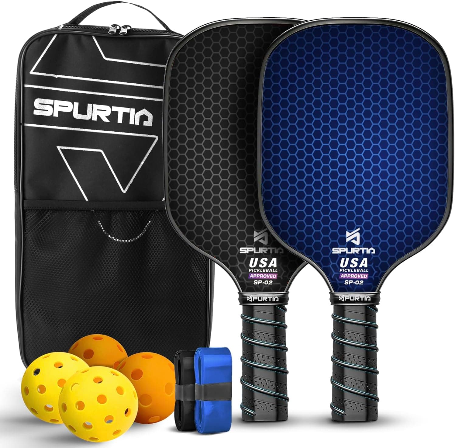 Spurtia Pickleball Paddles Set of 2 USAPA Approved Fiberglass with Balls, Grip Tapes and Carry Bag