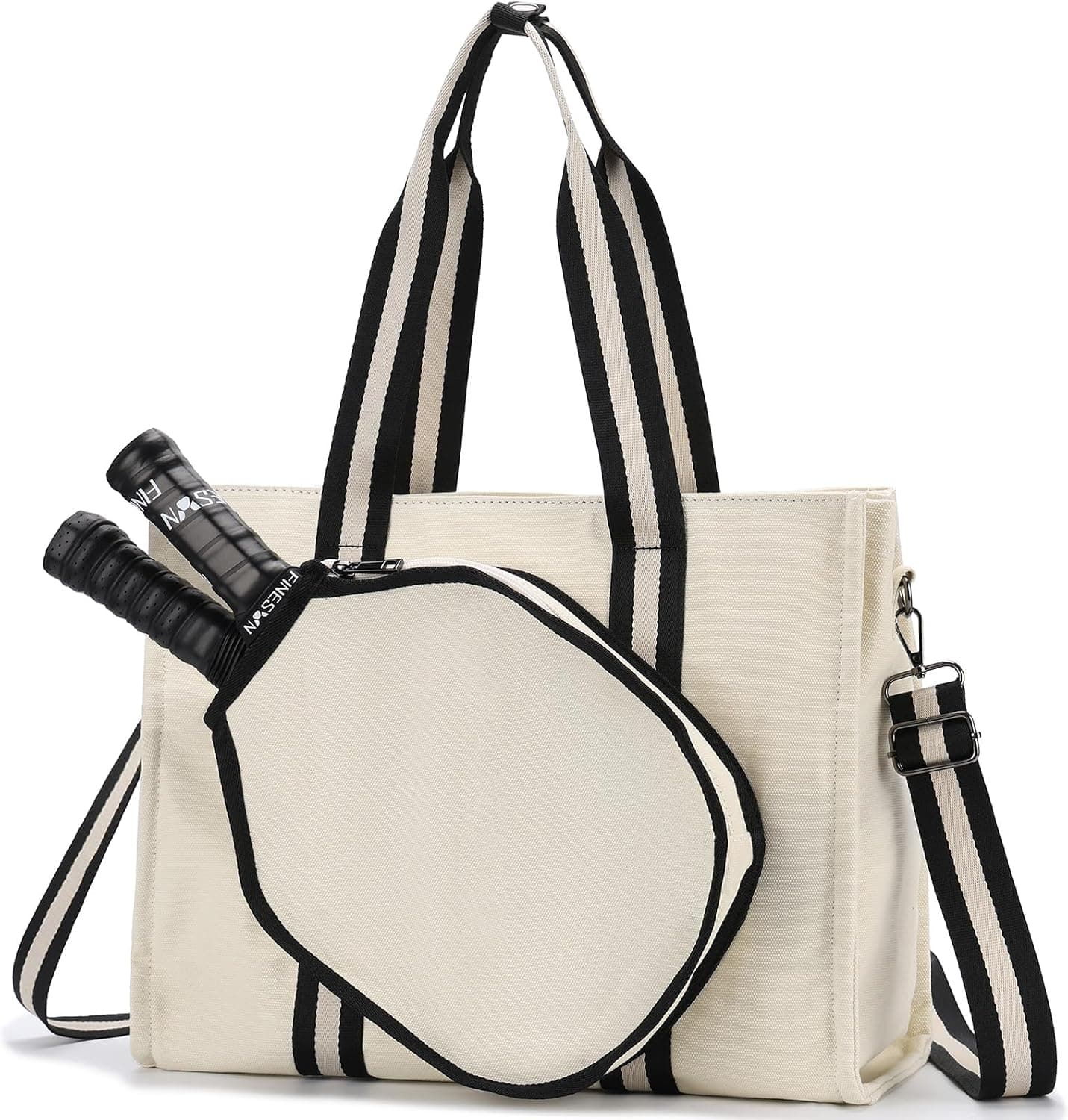 VASCHY Pickleball Tote Bag for Women with Fence Hook, Canvas Paddle Holder for 2 Rackets (Beige)