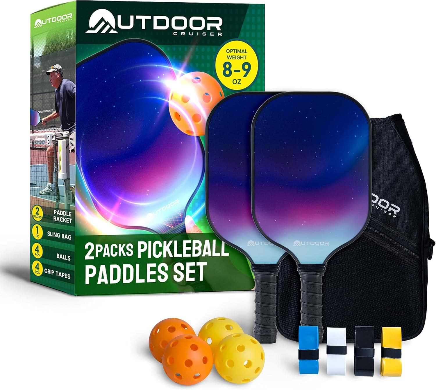 Outdoor Cruiser Pickleball Paddle Set USAPA Approved Fiberglass with 2 Rackets, 4 Balls, Grip Tapes, Bag