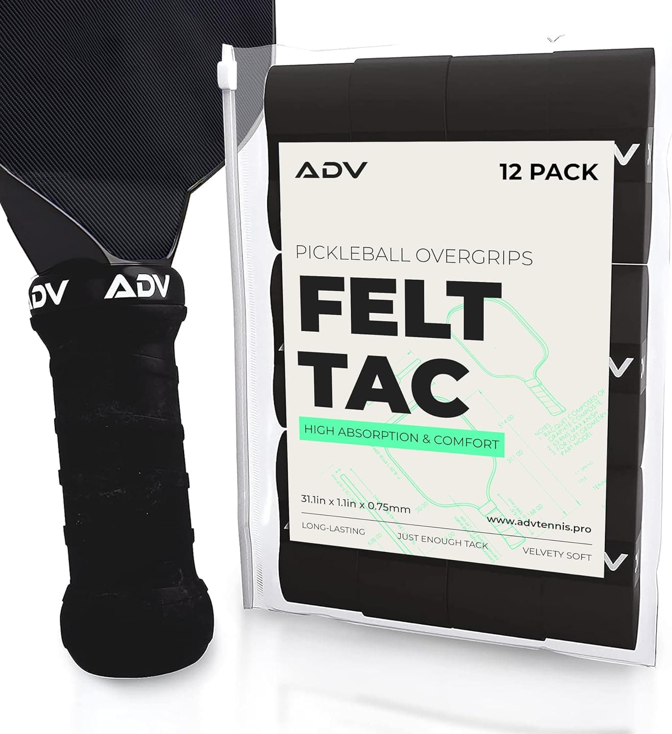 ADV Pickleball Grip Tape FeltTac Sweat Absorbing 12-Pack Black