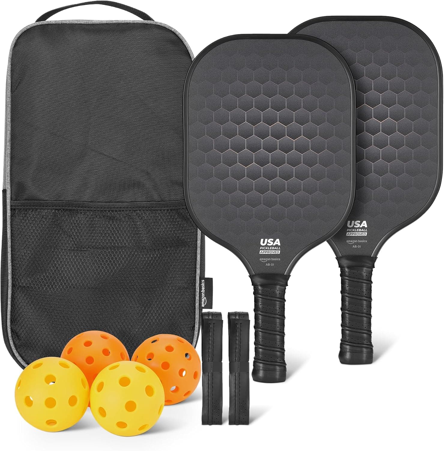 Amazon Basics Pickleball Paddles Set of 2 USAPA Approved Carbon Fiber with 4 Balls, Bag & Grips, Black
