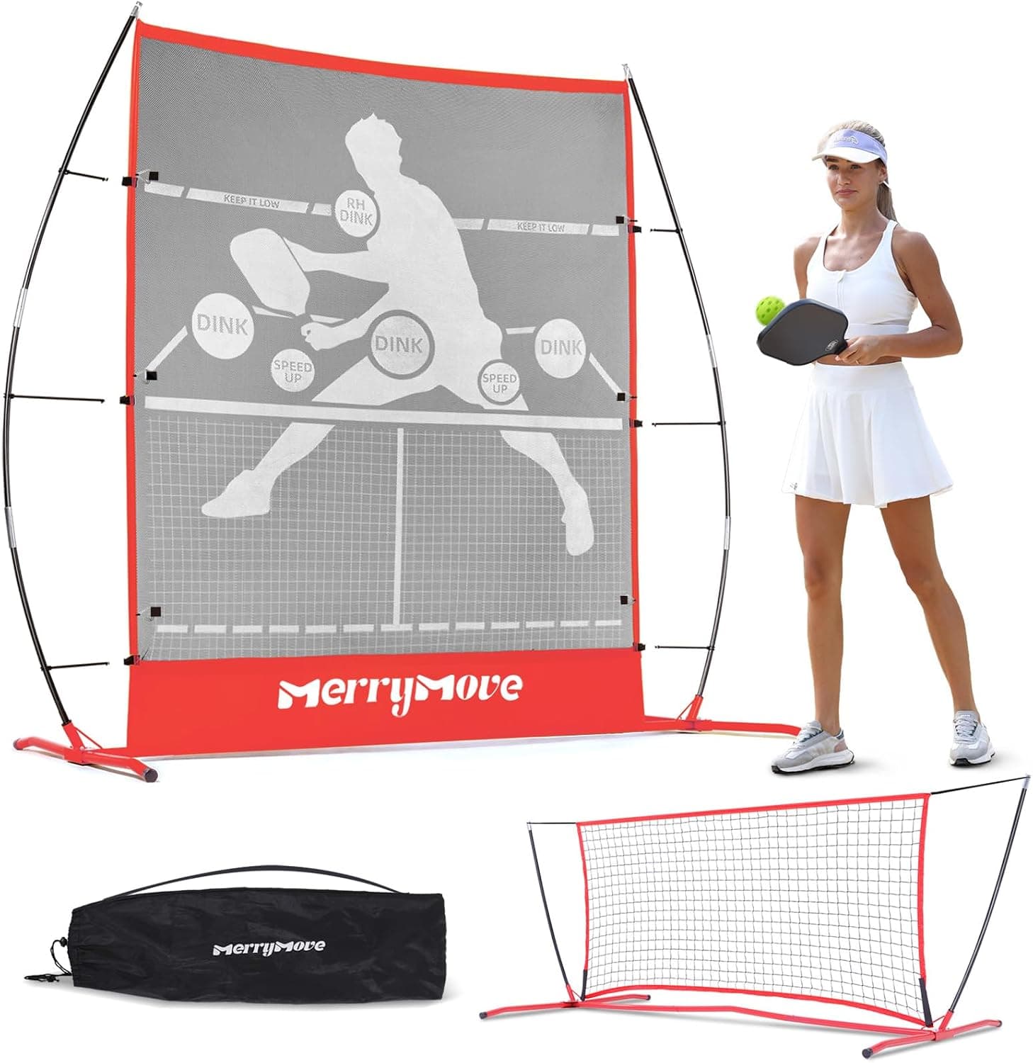 MerryMove Pickleball Practice Rebounder Net 2in1 6ft Mini Net (Red)