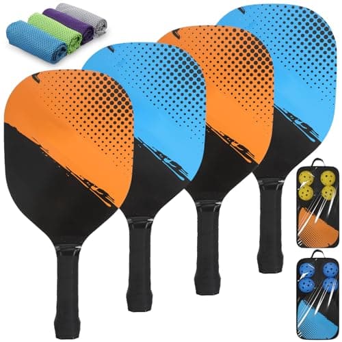 Ckhoid Pickleball Paddles Set of 4 with 4 Premium Wood Pickleball Racket & 8 Pickleball Balls & 4 Cooling Towels, Pickle Ball Paddles Pack Gifts for Men Women Beginner
