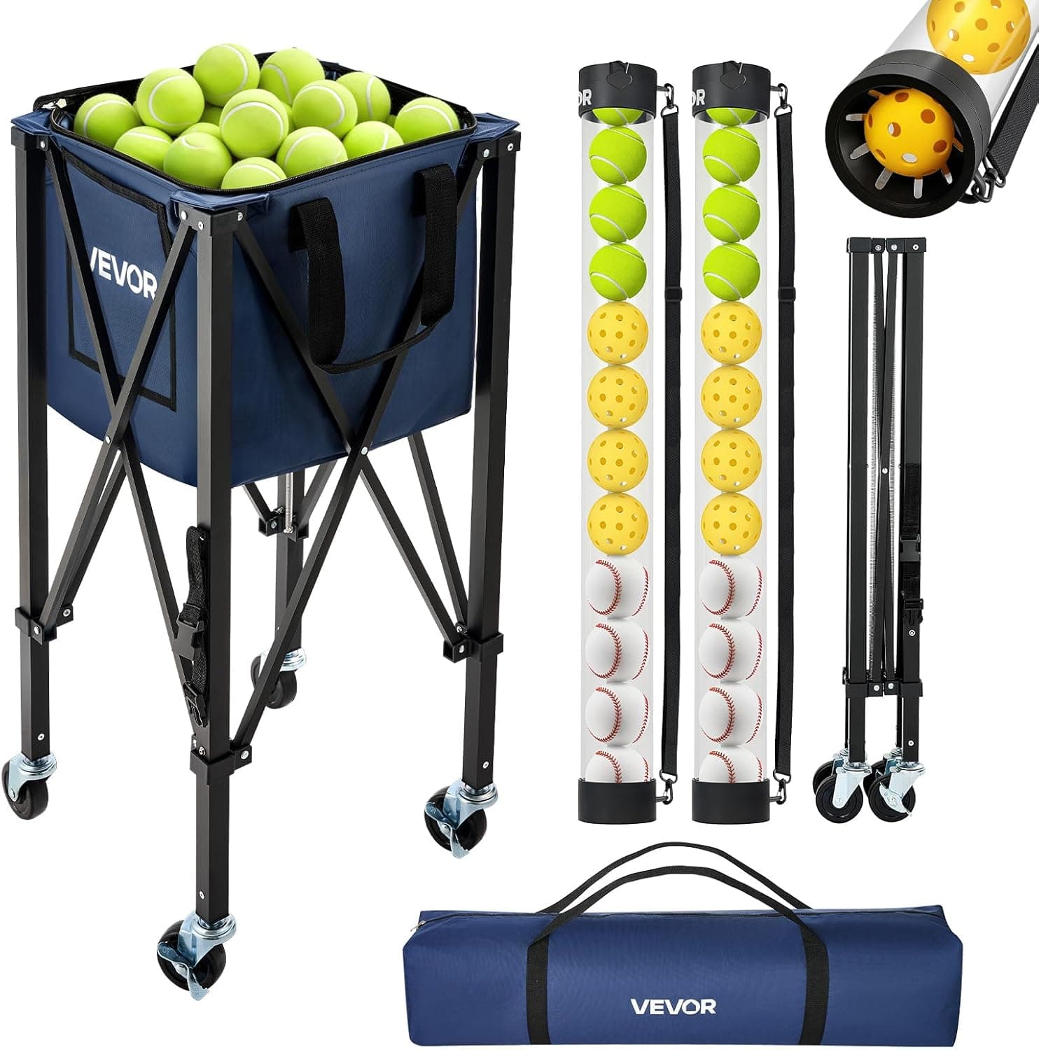 VEVOR 3-in-1 Tennis and Pickleball Hopper with Pickup Tube Foldable Cart