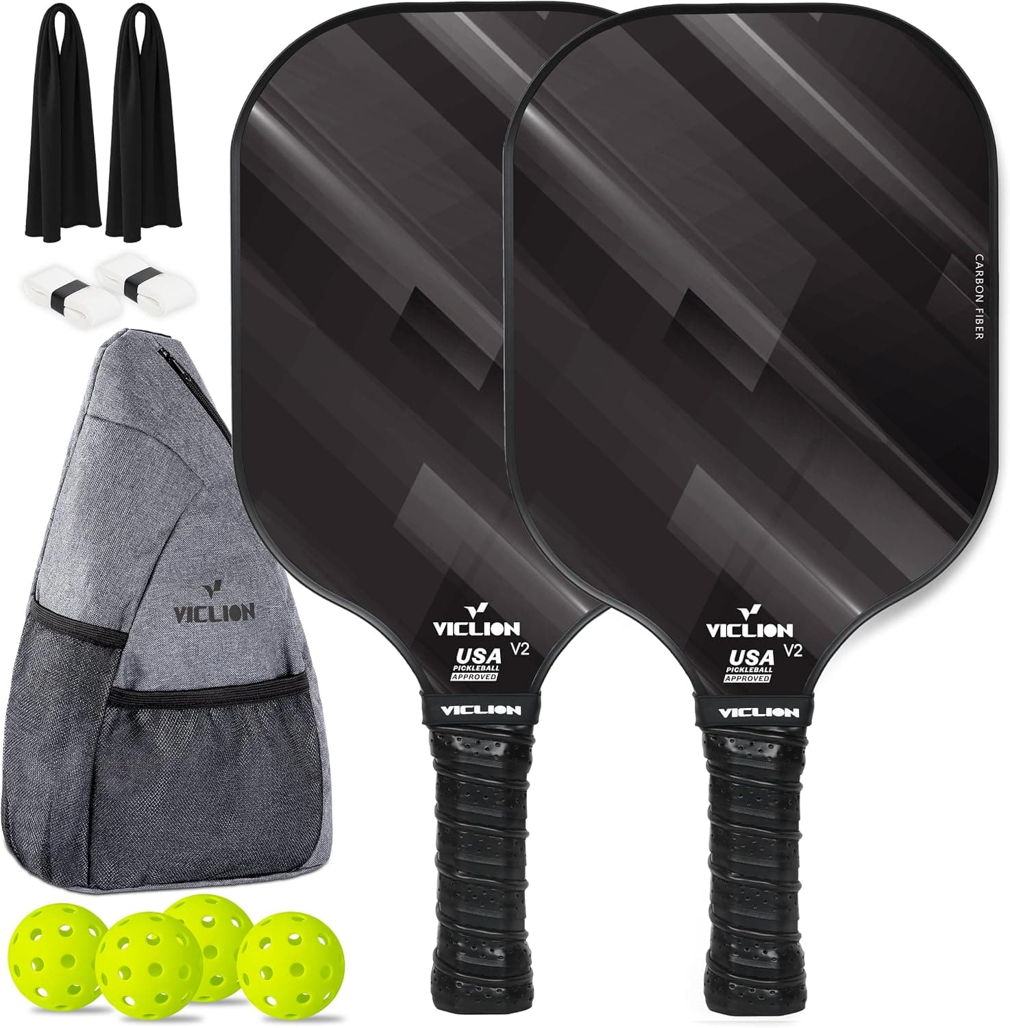 USAPA Approved Carbon Fiber Pickleball Paddles Set of 2 with 4 Pickleballs & Bag, for Beginners