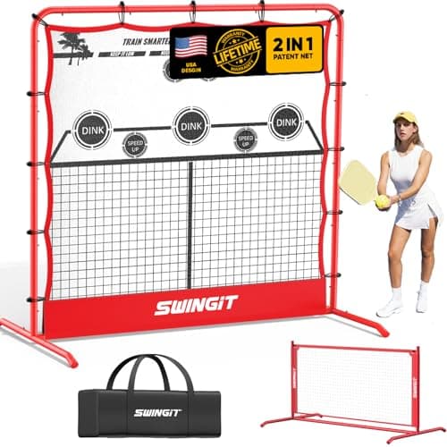 Pickleball Rebounder Practice Net with 6FT Small Mini Pickleball Net Set - Portable Solo Training System for Forehands, Dinks & Volleys, Indoor Outdoor Backyard (Red and White, 6FTx6FT)