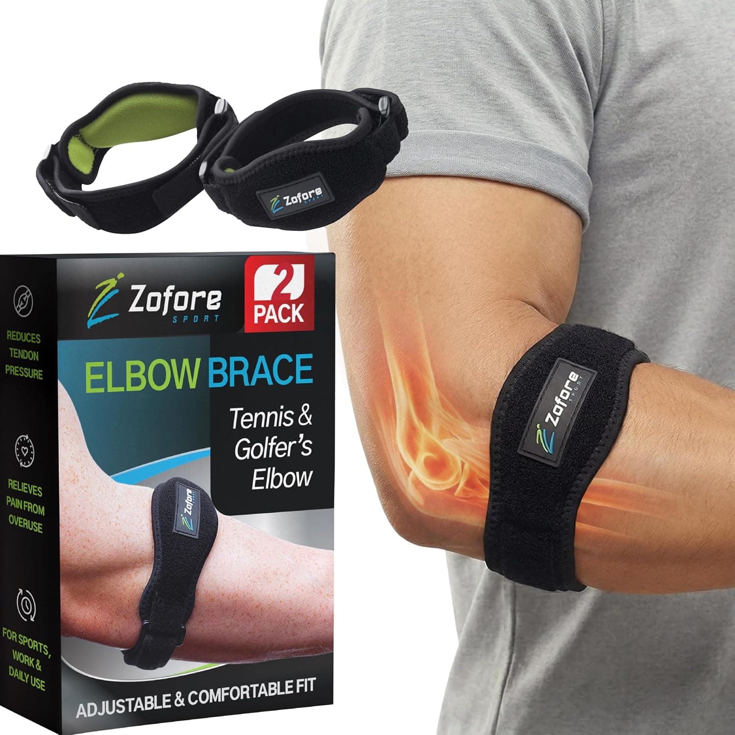 ZOFORE Sport Tennis Elbow Brace with Compression Pad 2-Count Pain Relief for Tennis and Golfers Elbow