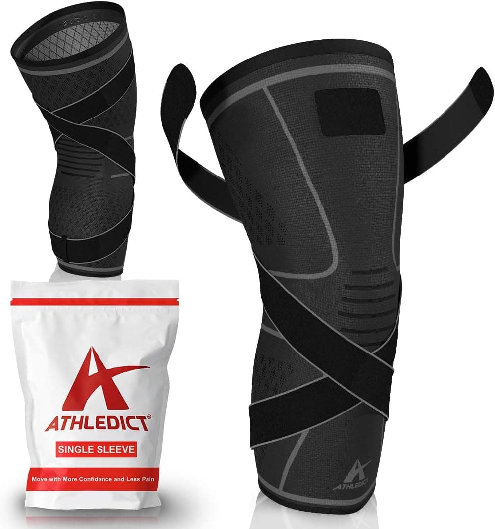 ATHLEDICT Knee Brace Compression Sleeve with Strap for Meniscus Tear Arthritis Running Basketball