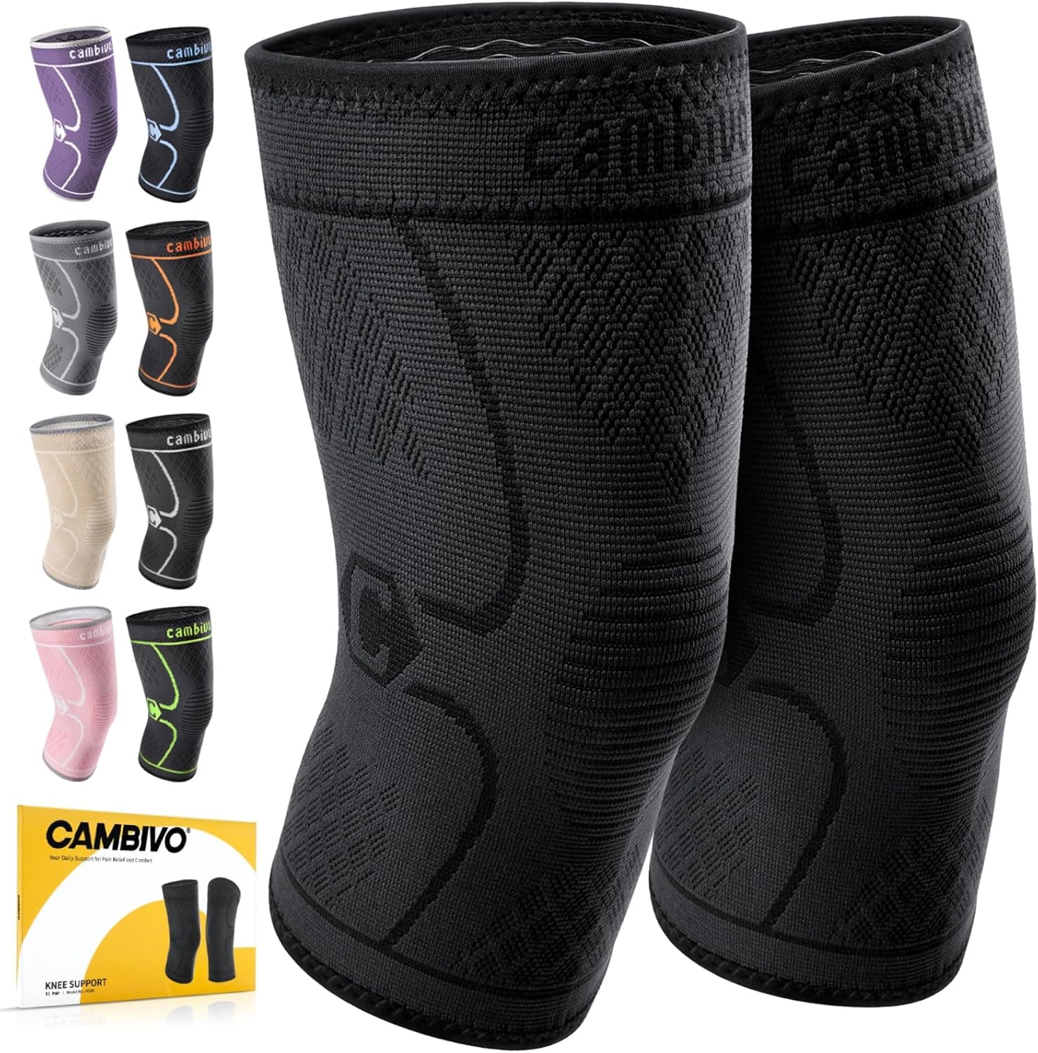 CAMBIVO 2 Pack Knee Braces Compression Sleeves with Non-Slip Silicone for Running Workout Arthritis
