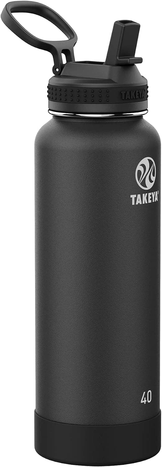 Takeya Pickleball Stainless Steel Insulated Water Bottle with Straw Lid 40 Ounce Ace Black